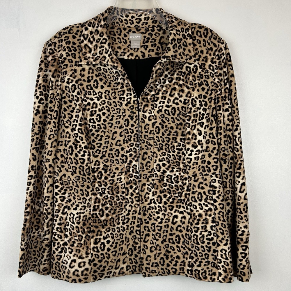 Chicos Blazer Womens L P Animal Print 2 Lined Maximalist Hook Stretch Read